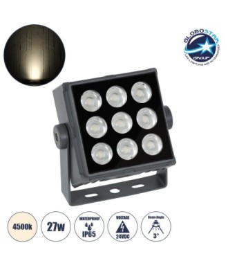 GLOBOSTAR® FLOODTINY 90369 Προβολέας Σποτ Wall Washer LED 27W 3105lm 3° DC 24V Αδιάβροχο IP65 Φυσικό Λευκό 4500K Dimmable - Bridgelux SMD Chip - Γκρι Ανθρακί - Μ13.8 x Π16.4 x Υ7cm - 3 Χρόνια Εγγύηση
